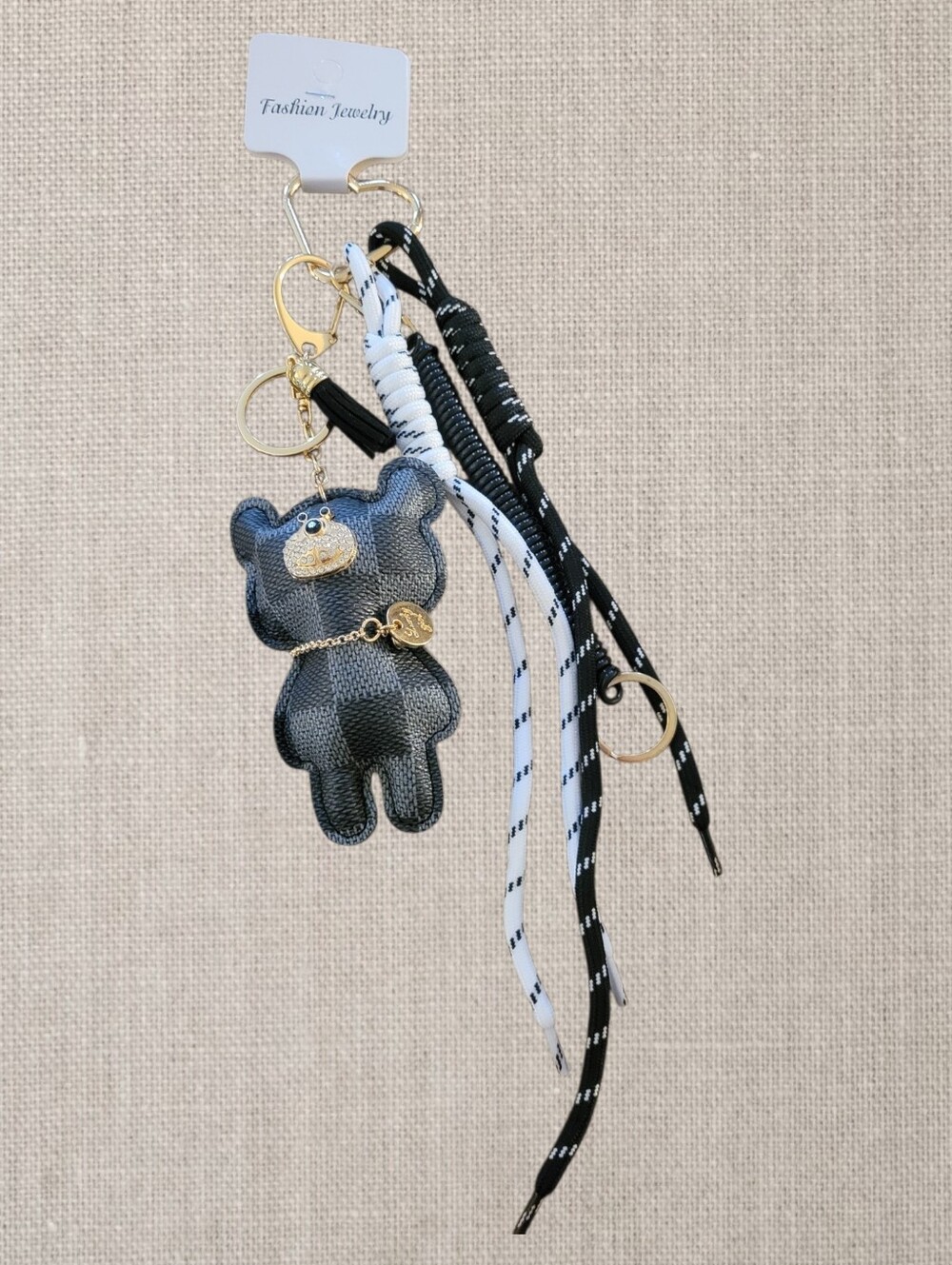 Fashion Jewelry Black & White Bear Keychain with Gold Hardware